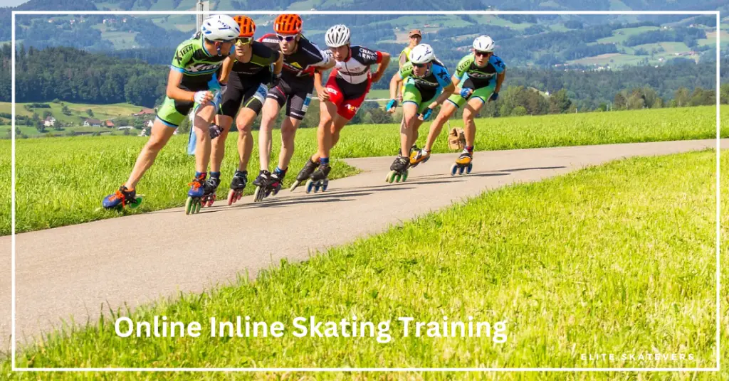 Professional inline speed skaters racing on track, with inset of online instructor