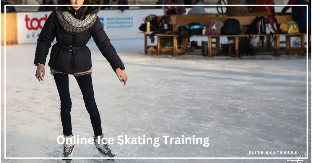 woman practicing ice skating maneuvers with an online 
instructor during virtual training session